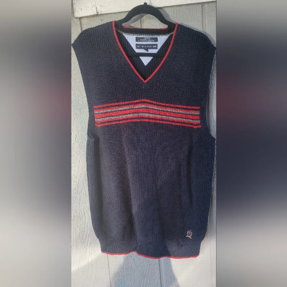 Vtg Tommy Hilfiger Blue Sweater Vest Size XL V Neck Monogram Lion Crown‎ Y2K